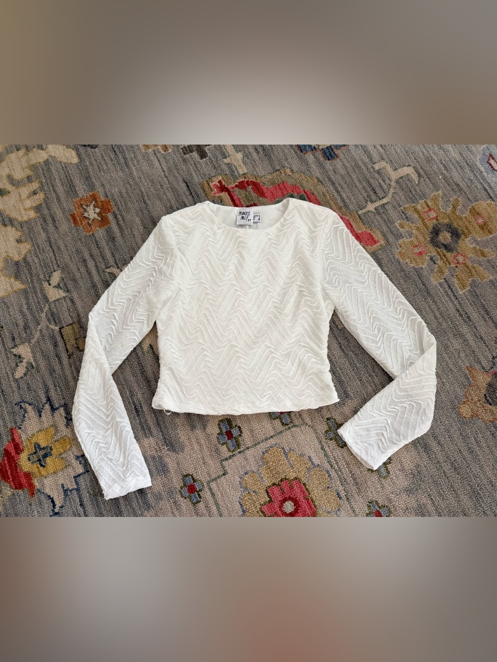 Princess Polly White Long Sleeve Textured Crop Top